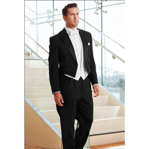 Black Groomsmen Tailcoat Style Groom Tuxedos Peak Satin Lapel Men Suits Wedding Best Man Blazer ( Jacket+Pants+Vest+Tie ) C219