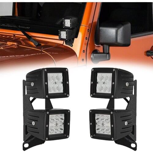 For 07-18 Jeep Wrangler JK Windshield Hinge Lower Corner A Pillar Mounting Bracket With 4pcs 3 Inch 18W Pods LED Work Light