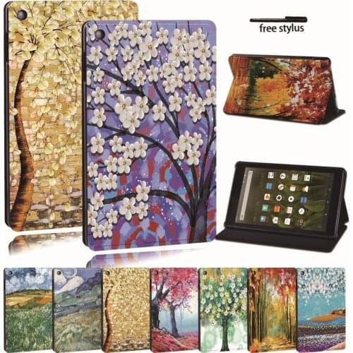 For Amazon Fire 7 5/7/9th Gen / Fire HD 8 / 10 with alexa Printed Painting PU Leather Tablet Stand Folio Cover Case