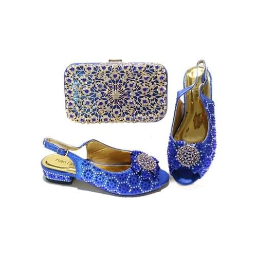 Doershow New Arrival African Wedding Shoes and Bag Set blue Italian Shoes with Matching Bags Nigerian Women party! HGT1-13