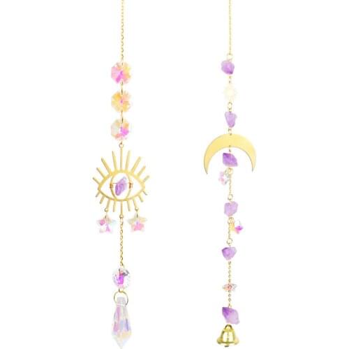 Crystal Wind Chime Star Moon Sun Pendant Dream catcher Plated Colorful Beads Hanging Drop for Outdoor Indoor Garden Deco