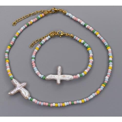 KBJW Original Bohemia Pearl Glass Beads Jewelry Set Stainless Steel Metal Necklace Bracelet Light Mixed Color Glass Beads Choker