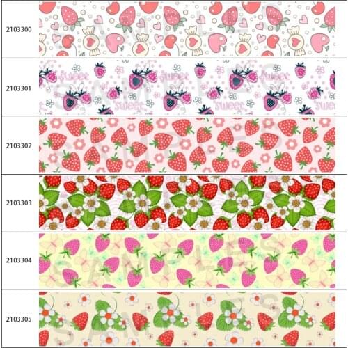 Beauty Strawberry Grosgrain Ribbon Printed Fruit Satin Polyester Tape for DIY Bow Hair Wedding Handmade Materials 5 Yards