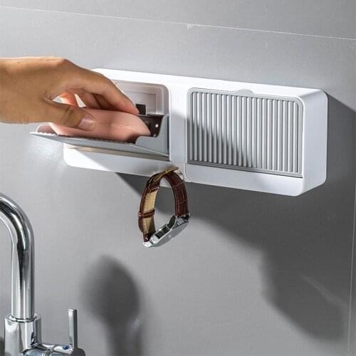 Creative Free Perforation Soap Box with Lid Wall-Mounted Double-Compartment Drain Flip-Top Soap Holder Toilet Laundry Soap Tray