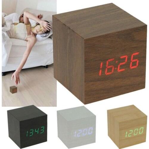 Cube Wooden Clock Digital LED Desk Table Alarm Clock Thermometer Sounds Control LED display Calender BestSelling2018Products