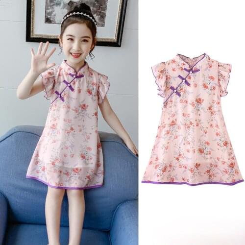 Girls cheongsam summer dress new childrens retro Chinese style ancient costume Hanfu skirt floral chiffon dress