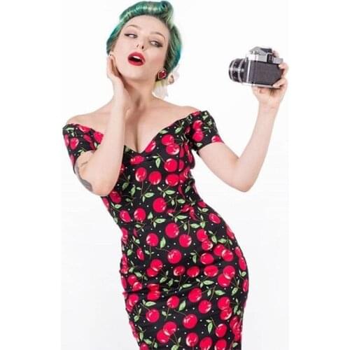 30- summer women vintage 50s cherry print off shoulder wiggle dress in black pinup plus size pencil dresses robe jurken ropa