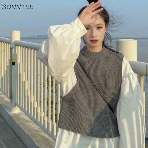 Sweet Vest Crop Solid Pocket O-neck Korean Style Unisex Boyfriend Harajuku Students Casual Loose Slim Simple Fashion Elegant New