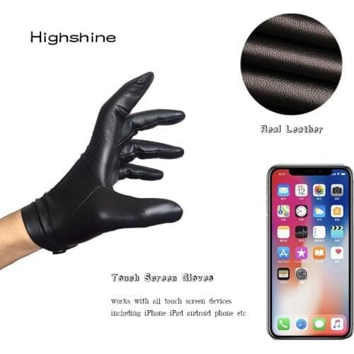 Mens winter leather gloves warm Knitted wool lining wrist button one whole piece of sheep leather touch screen winter gloves