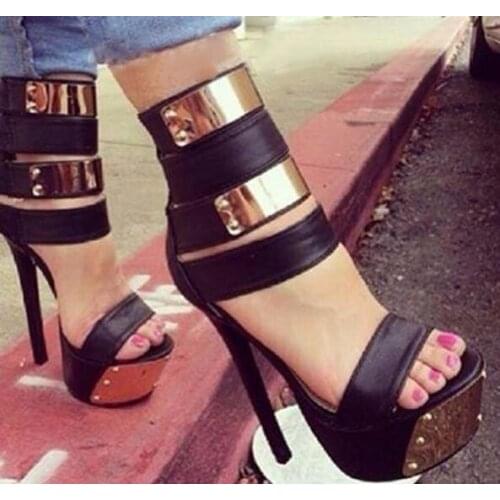 Summer New Brand Women Hot Pink Black Strip Peep Toe Gold Metal Rivets Peep Toe Zip Back Cover Heel Stiletto Heel Party Sandals