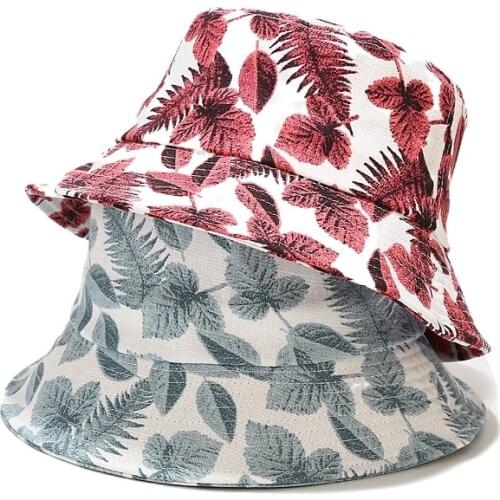 Women Bucket Hat Cotton Fashion Leaf Print Panama Cap Travel Beach Anti-sun Lady Outdoor Flat Fisherman Hats Summer 2021 New