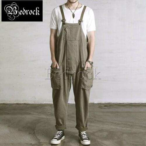 RT vintage batik washed denim overalls baggy jeans blue big pocket suspenders loose military pants 9.5oz Herringbone cargo pants