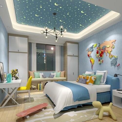 Blue Pink Fluorescent Moon Stars 3D Ceiling Cartoon Wallpaper Roll for Child Baby Room 3d Ceiling wall paper Roll Kids Room
