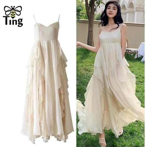 Tingfly Women Bohemian Chic Cascading Ruffles Summer Chiffon Dress Strap Sleeveless Princess A Line Dress Vestido Trendy Clothes