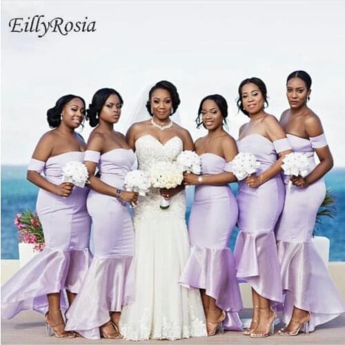 Light Purple Bridesmaid Dress Off the Shoulder Satin Elegant Hi Lo Mermaid Wedding Party Dress robe demoiselle d honneur femme