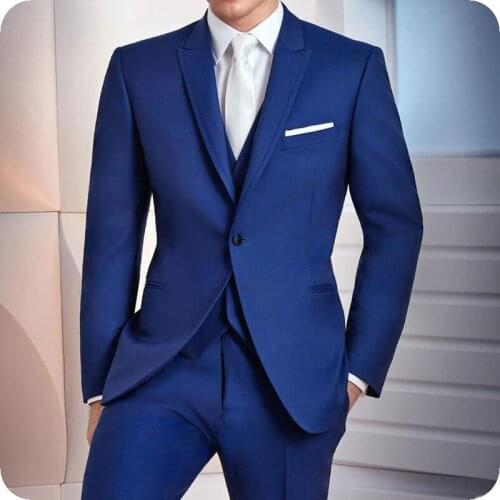 Slim Costume Homme Royal Blue Mens Classic Suits for Wedding Groom Tuxedo Peaked Lapel Terno Masculino 3Piece Best Man Blazer