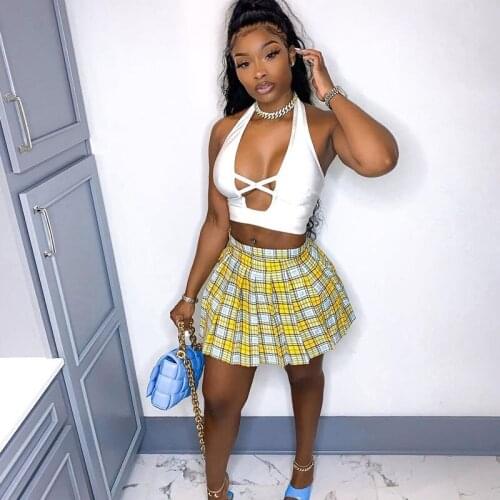 Plaid Two Piece Skirt Set for Women Summer Clothes Halter Backless Crop Top Pleated Mini Dress Sets Birthday Party Club Outfits