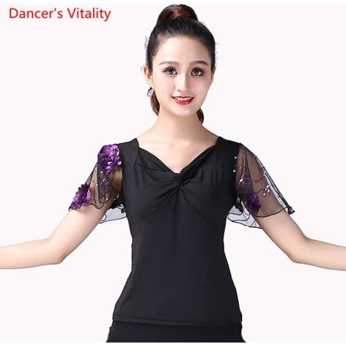 Ballroom Dance Top Flamenco Blouse Standard Modern Dancer Costume Performance Outfits Waltz Dancewear Short Sleeves 7 Colors