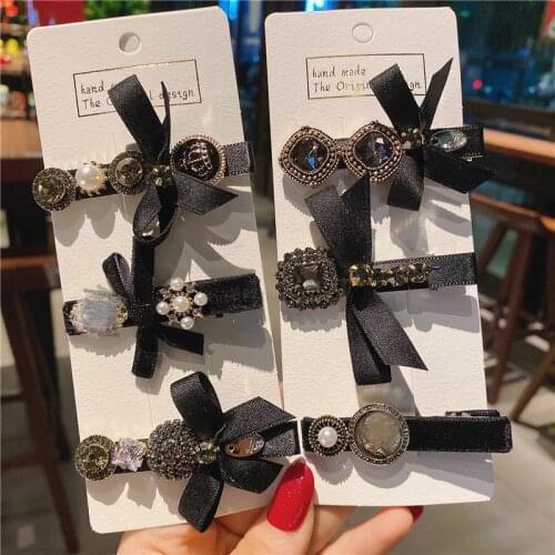 Korean Ribbon Bow Hairpins Vintage Crystal Rhinestone Pearl Womens Handmade Hair Clips Jewelry Hair Accessories for Women Girls