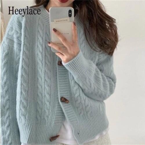 New 2021 Womens Sweaters Spring Autumn Horn Buttons Solid Cardigan Knitted Vintage Oversize Korean Wild Tops