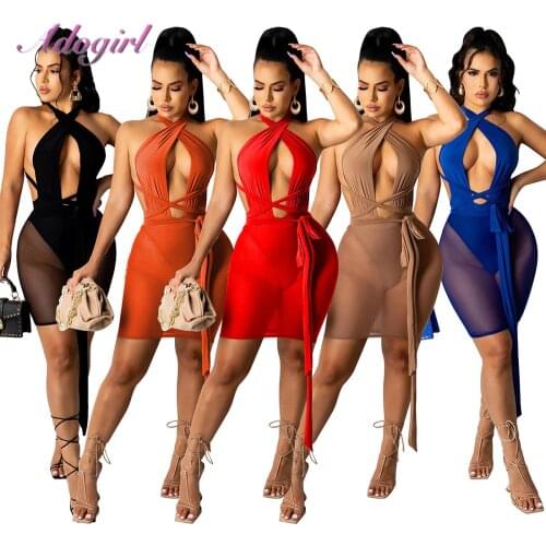 Women Sundress Sheer Mesh Halter Backless Hollow Out Summer Mini Dress Sexy See Through Bandage Party Clubwear Outfit Dresses