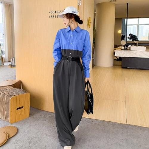 2021 New Jumpsuit Women Long Sleeve Lapel Shirt Style One Piece Wide Leg Pants Sets Female Elegant Loose Splice Overalls Belt