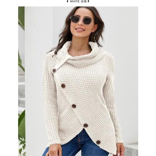 Turtleneck Sweater Women Autumn/Winter New Style Long-Sleeved Hem Asymmetric Button Pullover Women