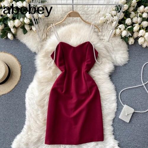 Women Solid Party Strap Dress Fashion Vacation Backless Sexy Short Dresses Summer Korean Pearl Pencil Dress