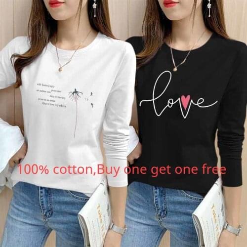 Long-Sleeved T-Shirt Women 100% Cotton printing Loose oversized korean Spring New Casual Comfort Tops Buy One Get One Free