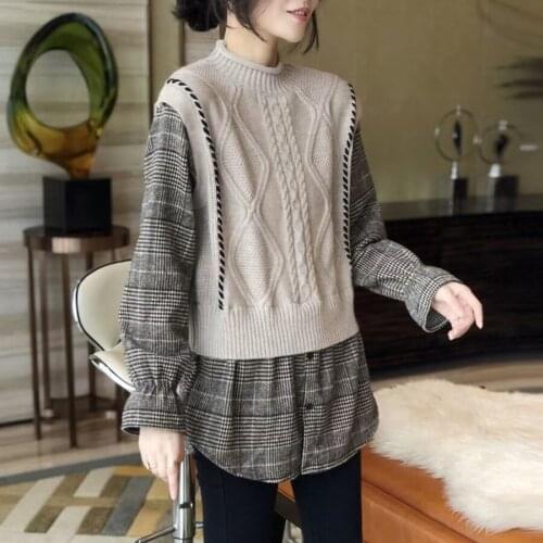 Fake 2 piece Knitted Sweater Women Two Piece 2021 Plus Size Pullover Fashion Sleeveless O-Neck Korean Female Waistcoat Sweater