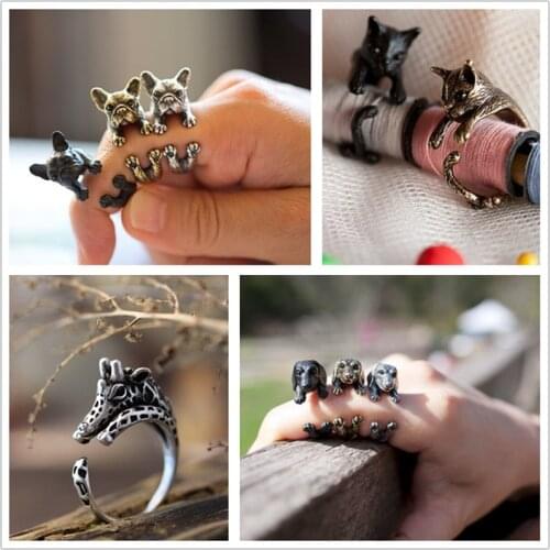 QIMING 3D Handmade Animal Rings For Women Girls Metal Antique fashion Pet Lover Dog Cat Ring Best Gift Bague Finger Jewelry