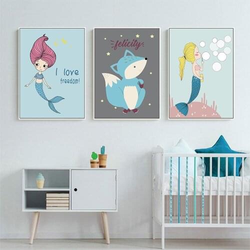Colorful Cartoon Mermaid Fox Animal Wall Art Canvas Painting Nordic Posters And Prints Wall Pictures Baby Girl Kids Room Decor