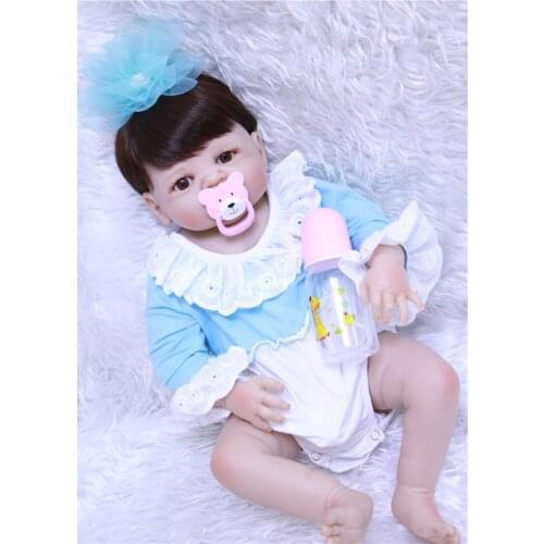 Lovely baby girl doll reborn 22" full silicone reborn dolls for children gift sky blue clothing brown hair wig bebe alive reborn