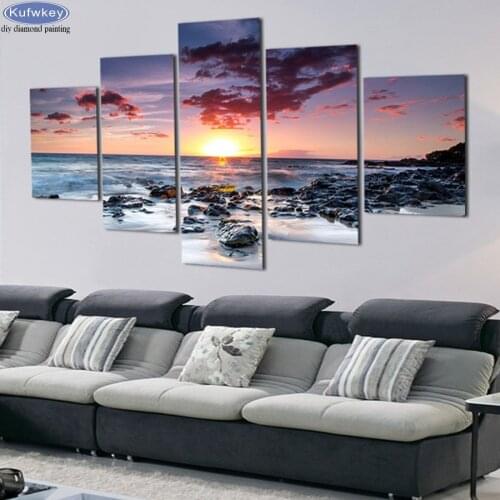 Diy diamond painting cross stitch kit 5 Panel Sunset Seascape Pictures Mosaic Painting Diamond Embroidery square/round drill
