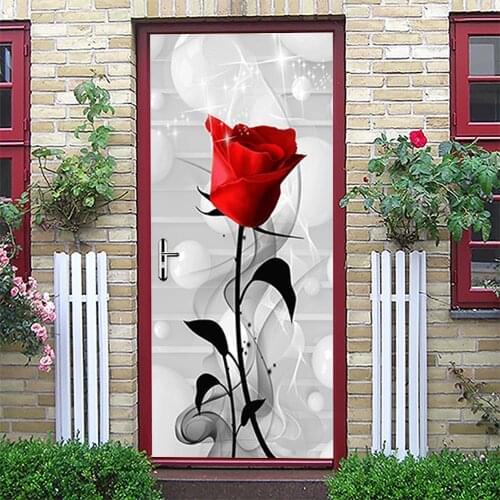 Modern Design Romantic 3D Red Rose Door Sticker Self-Adhesive Waterproof Posters Wallpaper Living Room Bedroom Door Decoration
