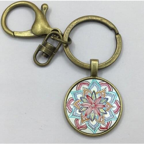 NEW Glass Keychain Jewelry Mandala Flower Pendant Keychain Henna Yaga Keychain Om Symbol Buddhism Zen
