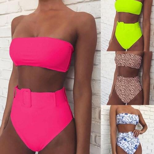 Solid Sexy Bikini 2021 Summer Swimsuit Women 2 Pieces High Waist Bikini Women Padded Tube Top Floral Print Swimsuit Bikini Set