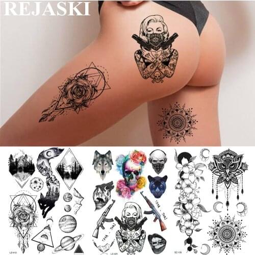 REJASKI Gangsta Girl Ak47 Temporary Tattoos For Women Sticker Death Skull Flower Wolf Sexy Waterproof Tatoos Art Custom Tattoo