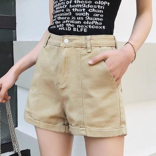 Vintage Khaki Cotton Denim Shorts Women Sexy High Waist Slim Fit Shorts Summer Street Fashion Zipper Pockets Bottoms Short Jeans
