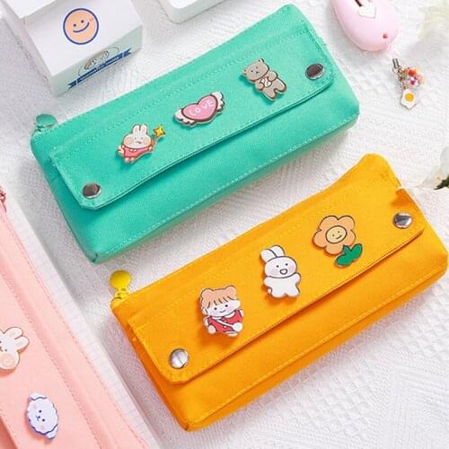 Cute Badge Pencil Case Fresh and Simple Pencil Case Large Capacity Oxford Cloth Stationery Bag