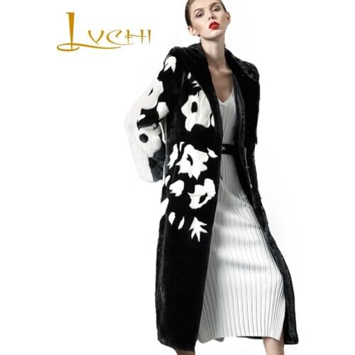 LVCHI Winter2017 Import Mink Fur Coat Womens Long Sleeve Hat Coat Black White Contrast Color Real Natural Fur X-Long Mink Coats