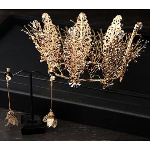 JaneVini Vintage Gold Queen Women Crown Tiaras Baroque Crystal Pageant Headwear Wedding Hair Accessories Bridal Jewelry Earrings