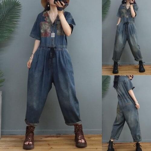 New Women Denim Suits Summer 21 Retro Loose Printed Washed Vintage Shiring Turn-down Colalr High Waist Female Ankle-Length Suit