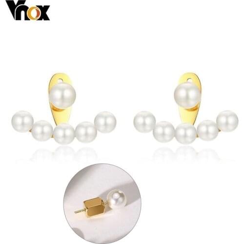 Vnox Elegant 2 in 1 Simulated Pearl Stud Earrings for Women Stainless Steel Multi Way Wear Earings Female Party Brincos Jewels