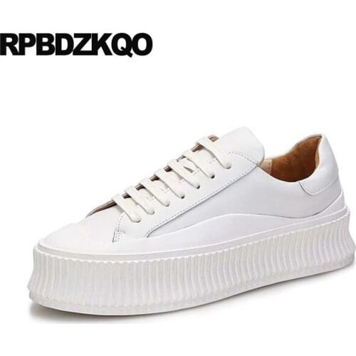 Muffin flats thick sole high quality real leather white creepers platform shoes women lace up chinese genuine elevator brand