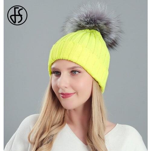FS Winter Hats For Women Ladies Warm Thick Real Raccoon Fur Pompom Beanie Cap Yellow Skullies Beanies Knitted Hat Bonnet 2020