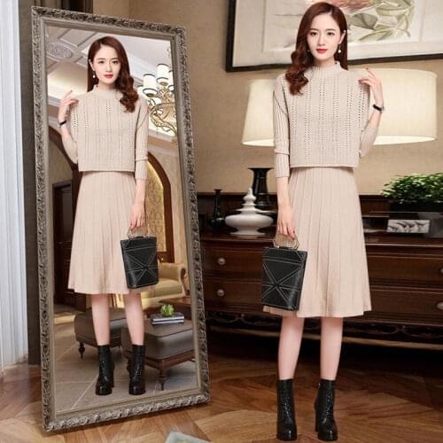 2021 Spring Autumn Knitted 2 Piece Set Women Long Sleeve Round Neck Pullover Sweater + Lady Knitting Skirt Suit Y263