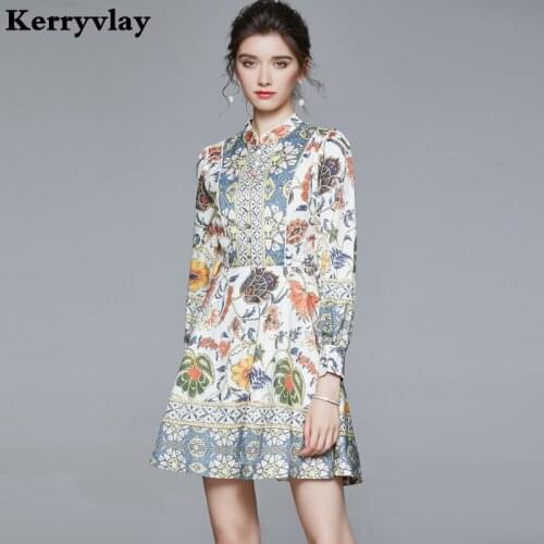 French Vintage Long-Sleeved Printed Floral Dress Vestidos Invierno 2021 Mujer Autumn High-Waisted Stand Collar Retro Dress K6613