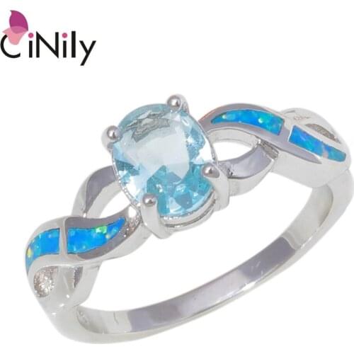 CiNily Created Blue Fire Opal Blue Zirconia Silver Plated Wholesale NEW for Women Jewelry Engagement Ring Size 8-9 OJ9433
