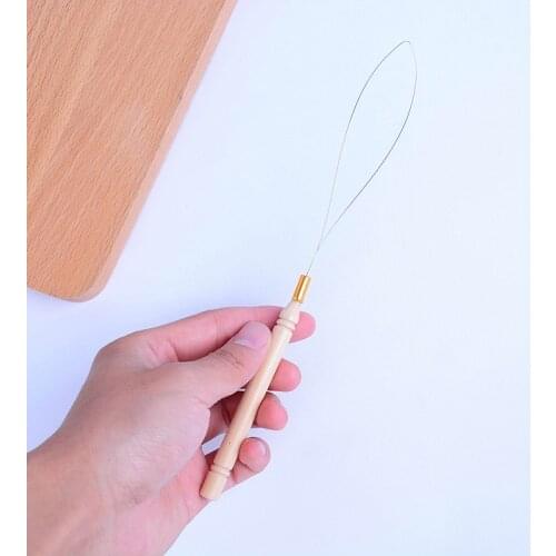 1PC Needle Threader Micro Rings Beads Loop Wooden Handle Hair Extension Hook Pulling Tool High Quality